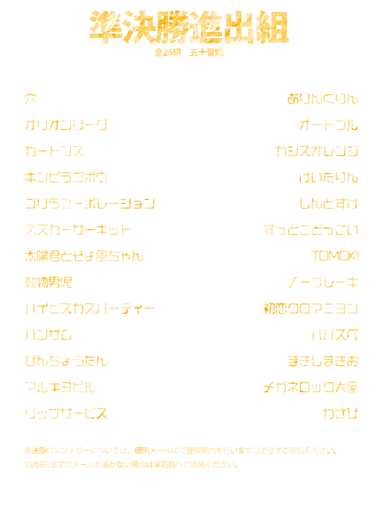 準決勝進出組　26組 五十音順　穴
ありんくりん
オリオンリーグ
オードブル
カートンズ
カシスオレンジ
キンピラゴボウ
けいたりん
ゴリラコーポレーション
しんとすけ
スズカーサーキット
すっとこどっこい
太陽君とそよ風ちゃん
TOMOKI
動物男児
ノーブレーキ
ハイビスカスパーティー
初恋クロマニヨン
ハンサム
ババスペ
びんちょうたん
まきしまきお
マルキヨビル
メガネロック大屋
リップサービス
わさび　準決勝のエントリーについては、個別メールにて登録案内を行いますので必ずご確認ください。
10月8日までにメールが届かない場合は事務局へご連絡ください。