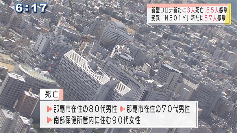 新型コロナ死亡３人新規８５人　変異型ウイルスも確認