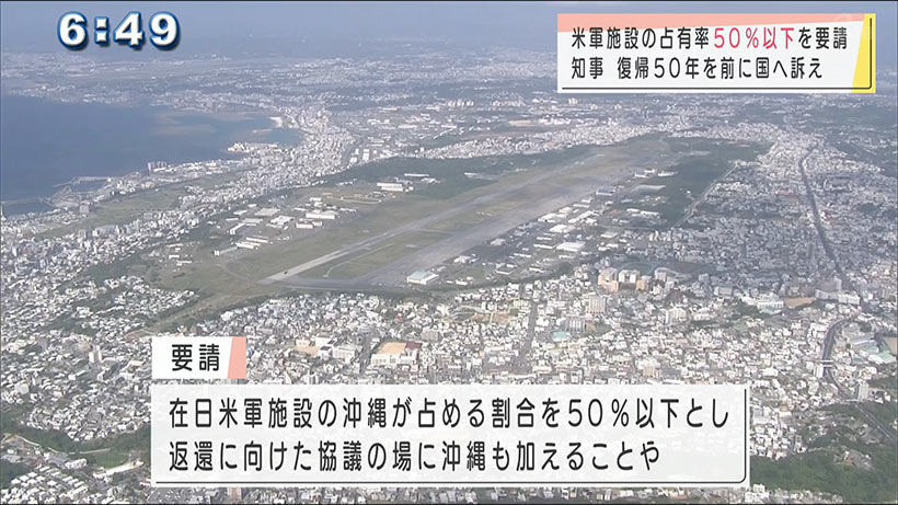 沖縄県知事　県内の米軍基地を５０％以下にするよう政府に要請