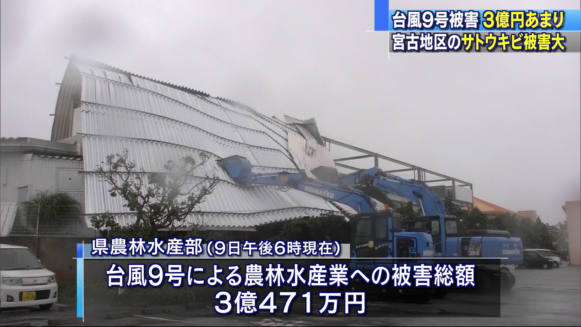 台風９号による農作物への被害額約３億円