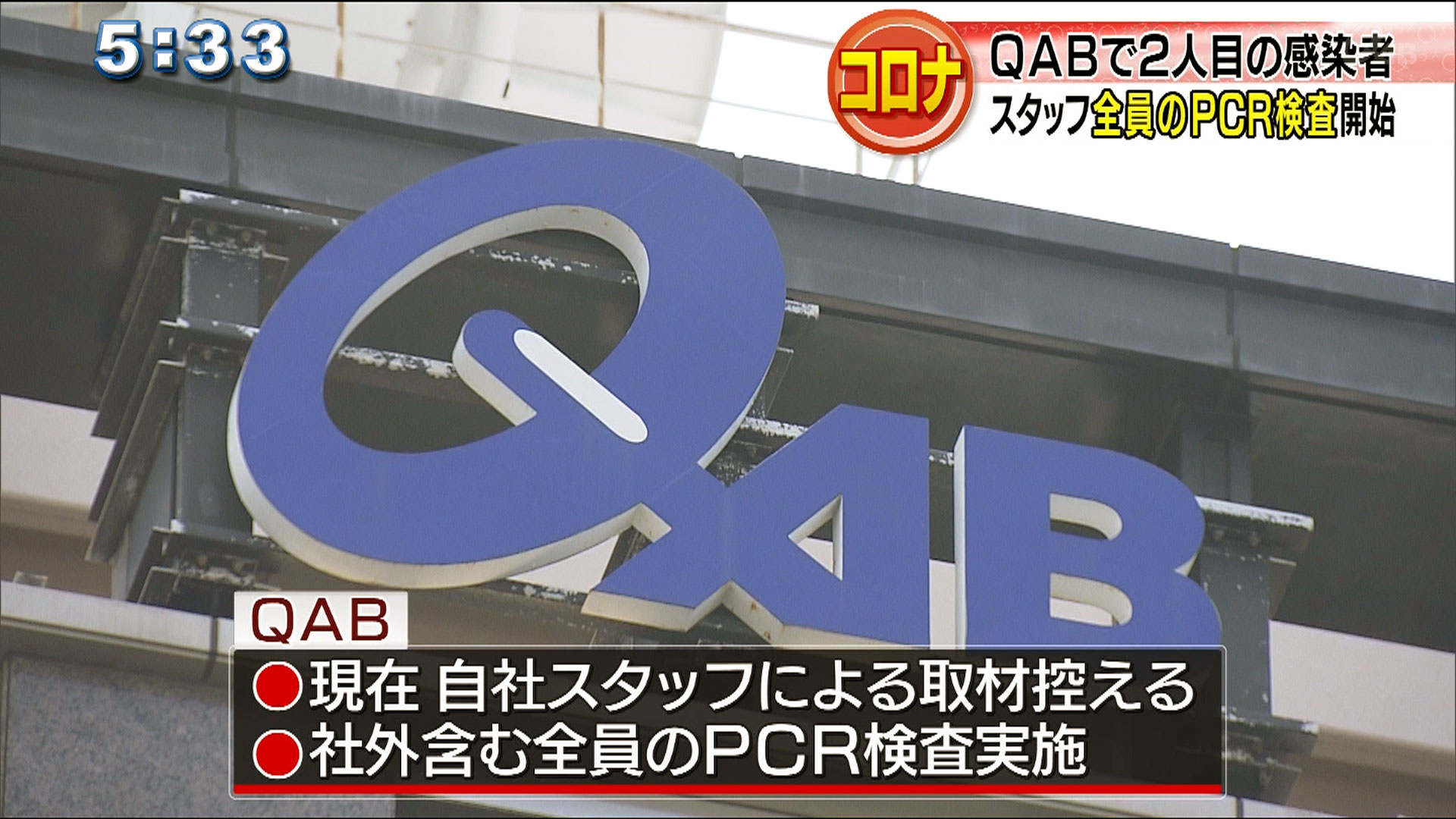 ＱＡＢで２人目の新型コロナ感染を確認