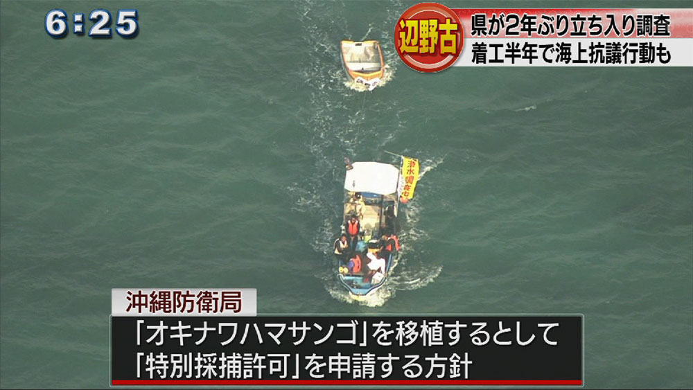 辺野古に県が立ち入り調査、着工半年で抗議も