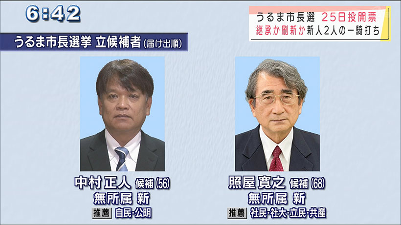 うるま市長選告示　新人2人の一騎打ち