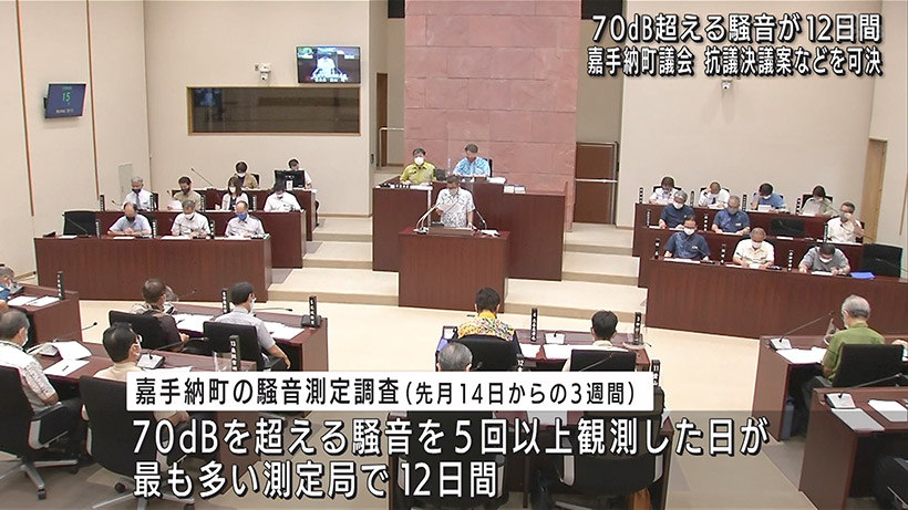 嘉手納基地の騒音激化で嘉手納町議会が抗議決議