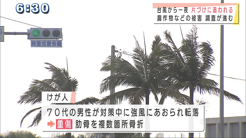 先島諸島に強い雨風をもたらした台風１４号が過ぎさって朝を迎えた石垣島では後片付けに追われていました。 濱元晋一郎記者「台風接近から一夜明けた石垣市、天候は落ち着いていますが、まだ風が残っています」 石垣島の港では、小雨の降るなか、船につないだロープをほどいたり、船についた潮やごみを拭いたりする人の姿がありました。朝は強い風が残っていて、ホテルでは建物を守るためにつけたネットを外す作業ができずにいました。 ホテルイーストチャイナシー寺田一郎さん「今回予想していたほどには（被害は）なかったんですけど、行き過ぎた後の風がなかなかおさまらず、後かたずけができなく苦労している」 台風１４号によって石垣市では、７０代の男性が台風対策中に強風にあおられ２階ベランダから転落し、肋骨を複数箇所骨折する重傷を負っています。 農林水産関係の被害は、八重山地域が現在調査中で、その他の地域については、今のところ、被害は確認されていません。