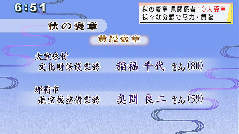 「秋の褒章」県関係は10人が受賞