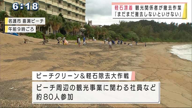 本島北部でビーチクリーンで軽石除去