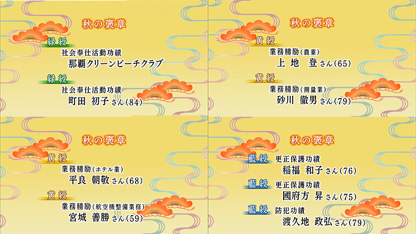 「秋の褒章」沖縄県関係は１団体・８人が受章