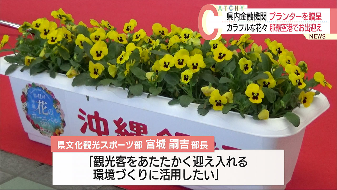 色鮮やかな花々が那覇空港で観光客をおもてなし 沖縄県内５金融機関が県にプランター贈呈
