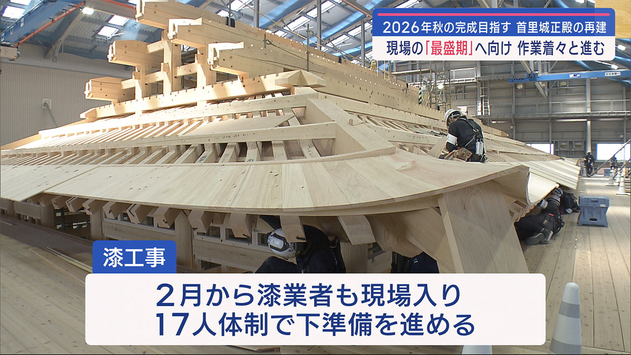 正殿の再建工事　最盛期迎える夏に向け着々と作業進む