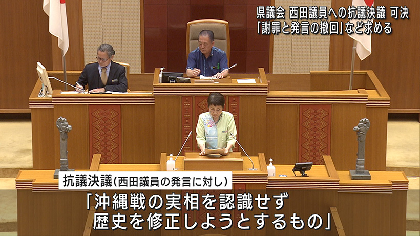 県議会が自民党西田参院議員の「ひめゆり発言」に抗議する決議を賛成多数で可決