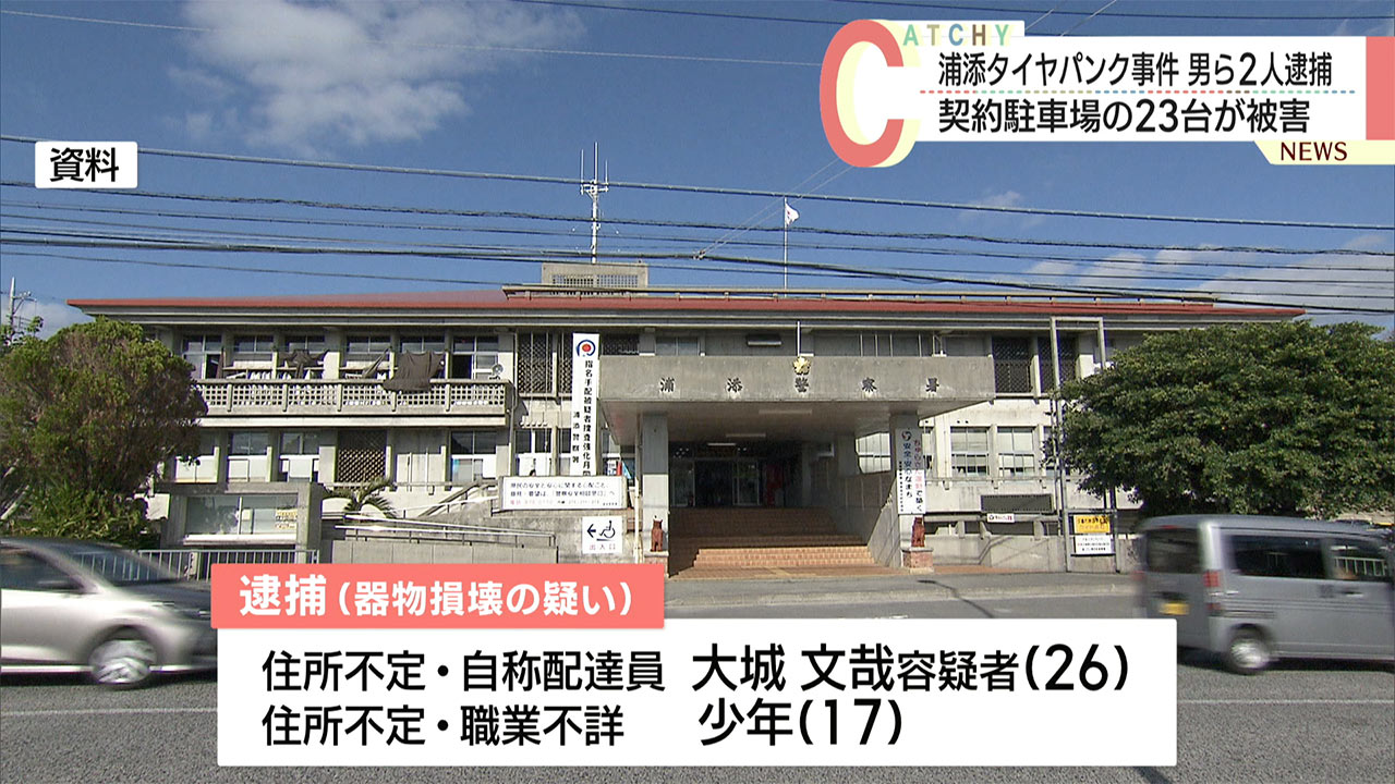 浦添市役所付近の駐車場で車をパンクさせた疑いで男と少年を逮捕
