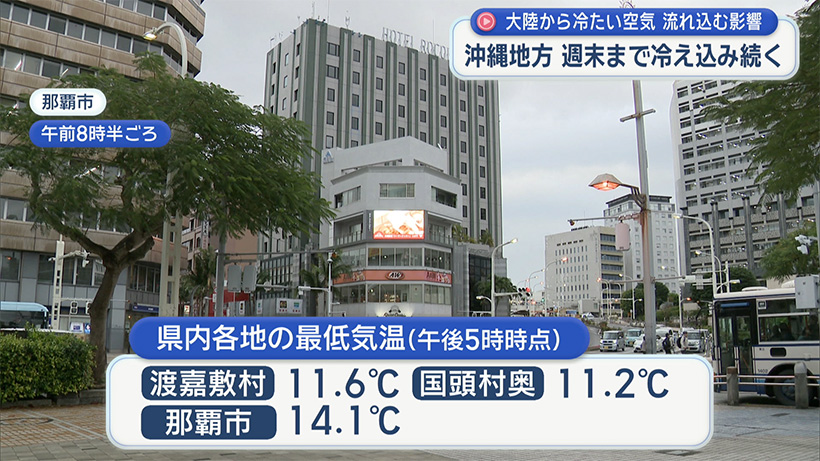 大陸から冷たい空気の影響で沖縄地方 今週土曜まで平年を下回る寒さに