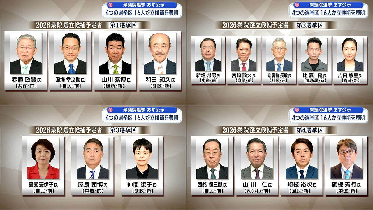 衆院選・沖縄　４つの選挙区にあわせて16人が立候補を表明