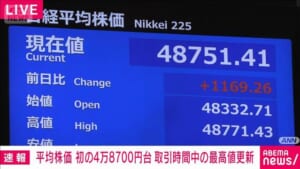 日経平均株価　4万8700円台 取引時間中の史上最高値更新
