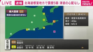 北海道根室地方で震度5弱　津波の心配なし