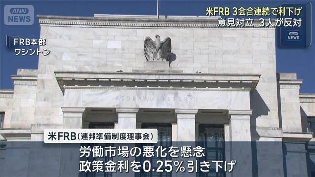 米FRB 3会合連続で利下げ 意見対立 3人が反対