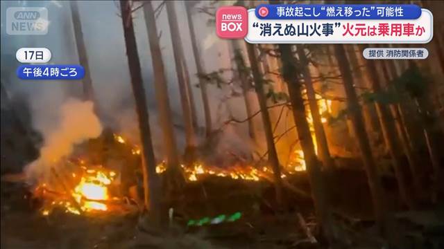 “消えぬ山火事”火元は乗用車か　事故起こし“燃え移った”可能性