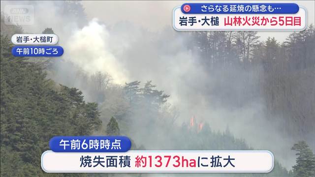 さらなる延焼の懸念も…　岩手・大槌　山林火災から5日目