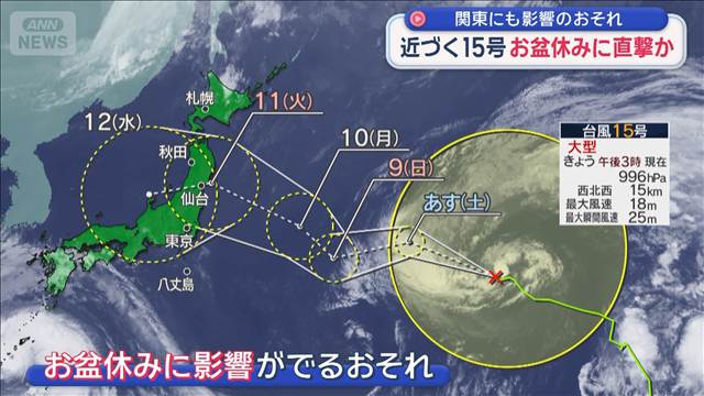 近づく台風15号　お盆休みに直撃か　関東にも影響のおそれ