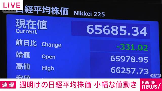 週明けの日経平均株価　様子見で小動き　米半導体株安が重し　業績堅調も高値警戒