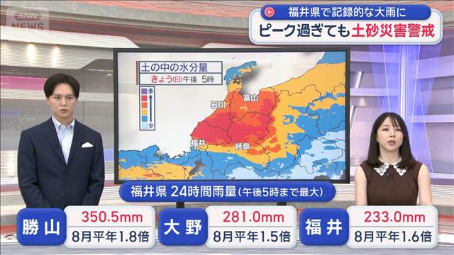 福井県で記録的な大雨に　ピーク過ぎても土砂災害警戒