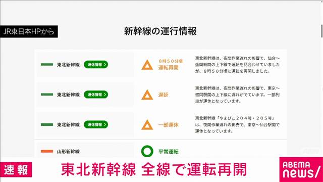 東北新幹線、全線で運転再開　夜間作業の遅れで一部区間で一時運転見合わせ