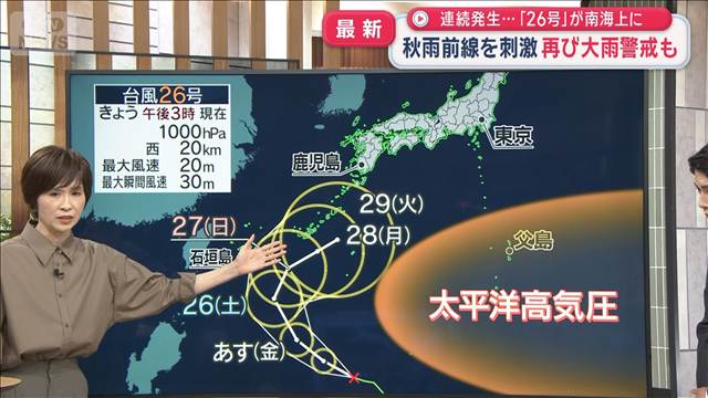 【解説】台風連続発生…「26号」南海上に　秋雨前線を刺激 再び大雨警戒も