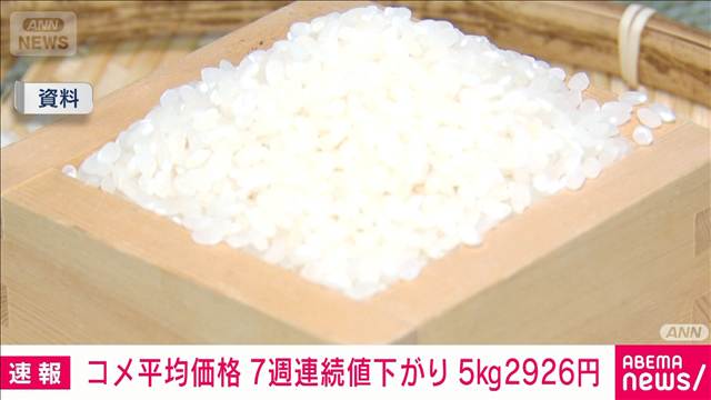 コメ平均販売価格　7週連続値下がり　2926円/5kg　前週比－8円